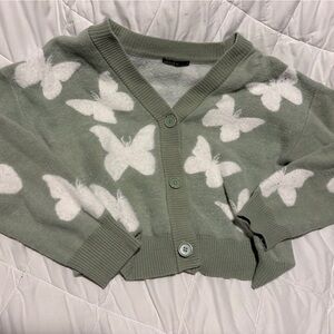 Green Butterfly Print V-Neck Button Sweater